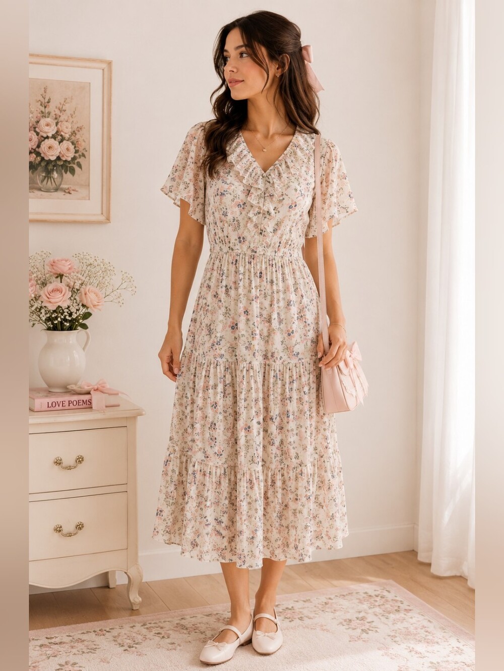 Coquette Tiered Floral Chiffon Dress Soft Girl Ruffle Prairie Cottagecore S/M